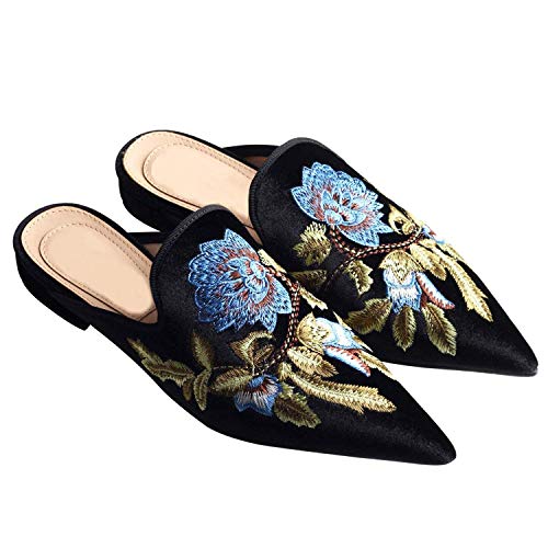 Image of Fericzot Women's Velvet Backless Pointed Toe Slip On Loafers Flats Embroidery Mule Slippers Shoes