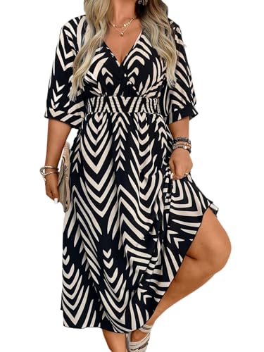 SweatyRocks Women's Large Sizes Dress A Line Summer Dress with Elastic Waistband Midi Dress with Chevron Pattern V Neck Holiday Dress, black, L