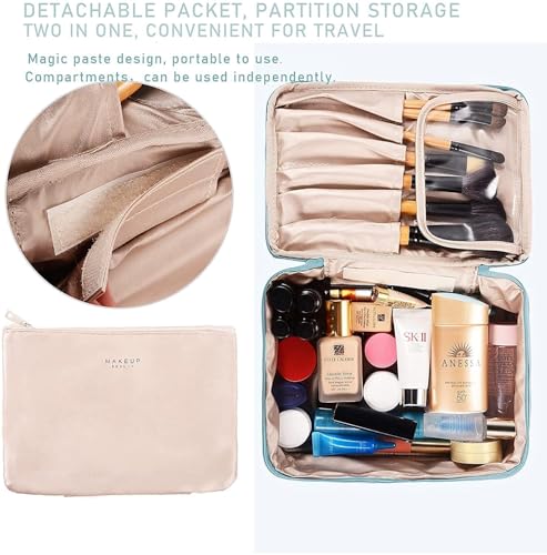 Image of AEWIN Large Waterproof Travel Makeup Bag for Women | 2-in-1 Cosmetic Organizer with Brush Slots & Detachable Pouch | Portable Toiletry Bag with Handle | Durable Scratch-Resistant Fabric for Travel