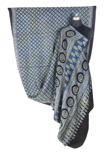 Image of Ethnics of Kutch Womenss Ajrakh Modal Silk Natural Dye Hand Block Print Saree with Blouse Piece - 5.5 Mtr Length