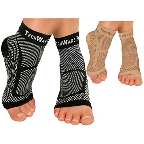 TechWare Pro Ankle Brace Compression Sleeve - Relieves Achilles Tendonitis, Joint Pain. Plantar Fasciitis Sock with Foot Arch Support. 2 Pair Bundle Black & Beige L/XL Size