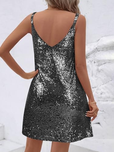 Image of MIYIEONZ Women Sequin Sexy V Neck Shift Dress Sparkly Glitter Sleeveless Short Flowy Loose Party Night Out Club Dress