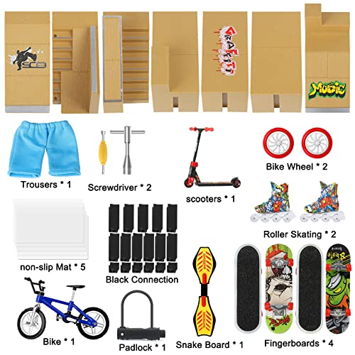 HOMETALL 8Pcs Fingerboard Skatepark Ramps with 9Pcs Mini Toys Set Including Fingerboards, Bike, Scooters, Skate Park for Kids Gift - Thumbnail 3