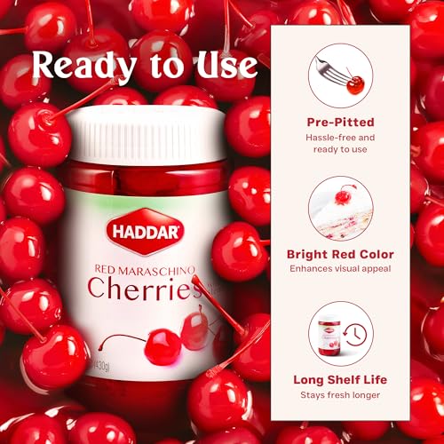 Haddar Red Maraschino Cherries with Stems, 12.6 oz | Old Fashioned Cocktail Cherries | Sweet & Vibrant Cherries for Dessert Garnish, Baking, Drinks - Thumbnail 7