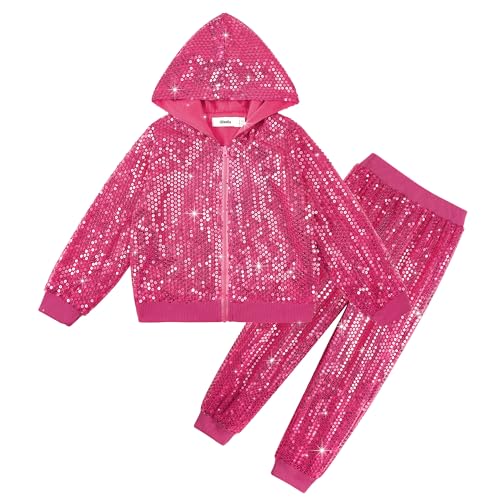 Image of LOLANTA 2Pcs Girls Dance Outfits Cropped Sequin Jacket Pants Set, Kids Hip Hop Dance Costumes for 80s 90s Party 5-15 Years