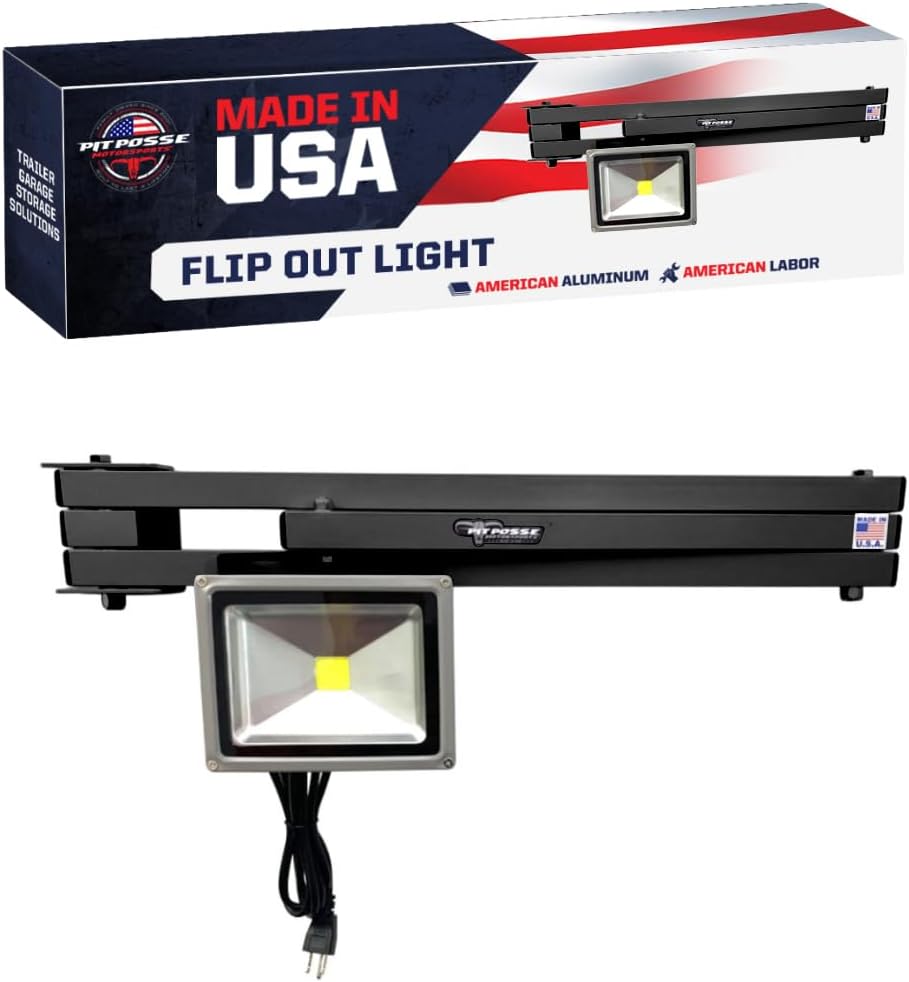 Pit Posse 490BK Swing Arm Flip Out LED Light Adjustable Extendable Arm-Made in USA-Aluminum Industrial Enclosed Cargo Race Trailer Shop Garage Warehouses Docks Race Boat Car Accessory Cabinet-Black