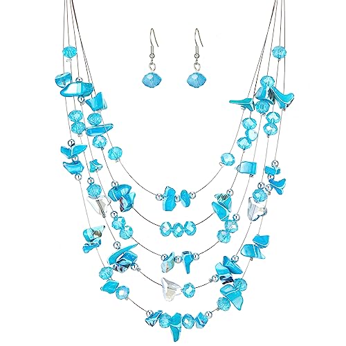 Errally Boho Layered Statement Necklace for Women Multi-Strand Shell Beaded Necklace with Crystal Beads Colorful Summer Jewelry Set Birthday Gifts for Women(45-Turquoise)