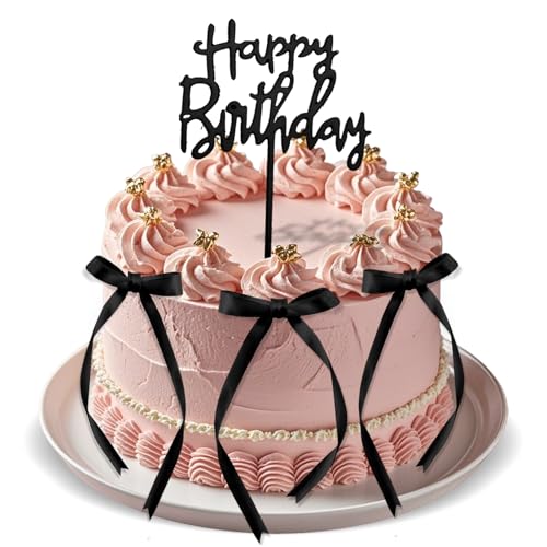 Zkptops 21Pcs Bow Cake Topper Happy Birthday Ribbon Bow Cupcake Toppers Black Bows for Cake Decorating Supplies Cute Coquette Bowknot Cakes Topper for Birthday Party Wedding Anniversary Baby Shower