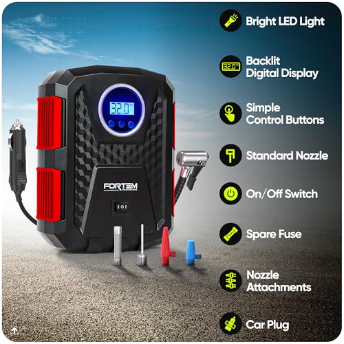 Image of FORTEM THE EXTRA MILE Digital Tire Inflator for Car W /Pressure Gauge - Portable Air Compressor - Electric Auto Pump | Easy to Store - Auto Shut Off - 12V DC - 3 Attachments Bonus Carrying Case