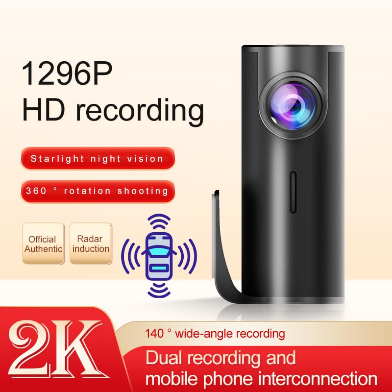 2K Dual Recording Dash Cam, 1296P HD, 140° Wide-Angle, 360° Rotation, Starlight Night Vision, Radar Induction,Built-in WiFi Free 64GB TF Card