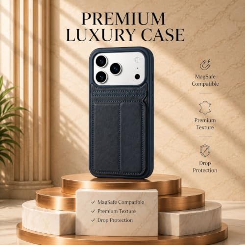 Image of amazon basics Luxury Vegan Leather Back Cover for iPhone 17 Pro Max | Built-in Card Holder Slot | Integrated Mobile Stand | Slim Shockproof Protective Case with Stitched Finish - Blue