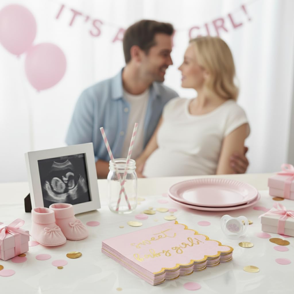 Girl Baby Shower Decorations, Pink and Gold "Sweet Baby Girl" Cocktail Napkins, Gender Reveals, Sprinkles Party Decor, Pregnancy Announcements, Welcome Home, Elegant and Disposable, 50 Pack