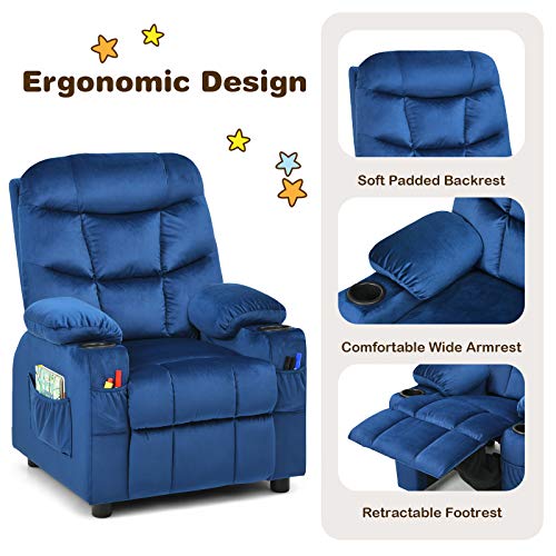 Costzon Kids Recliner Chair With Cup Holder, Adjustable Velvet Lounge Chair W/Footrest & Side Pockets For Children Boys Girls Room, Ergonomic Toddler Furniture Sofa, Kids Recliner (Blue) #TOP3
