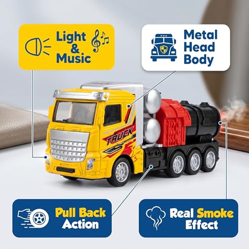 Image of Die Cast Smoke Tanker Truck Toy for Kids with Real Smoke Effect, Light and Sound, Pull Back Action, Metal Head Body Heavy Vehicle Toy for Boys and Girls, Battery Operated Truck Toy