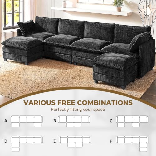 Image of LEVELEVE 146 inch U-Shape Modular Sofa with 2 Ottomans, Deep Seat Cloud Convertible Sleeper, 2 Arm Pillows, Comfortable Large Upholstered Furniture for Living Room Apartment, Black