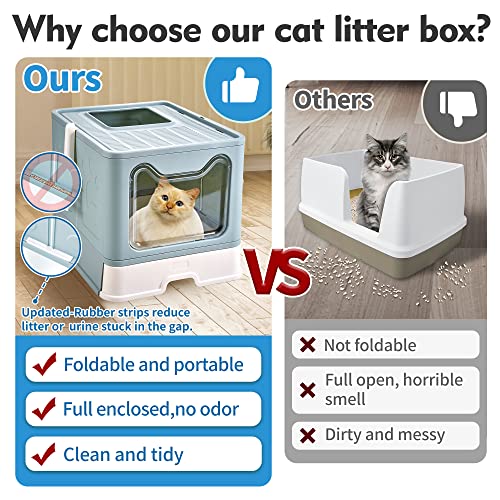 Homagico Foldable Cat Litter Box, Extra Large Front Entry Top Exit Litter Box With Lid, Drawer Type Enclosed Kitty Litter Box With Litter Scoop, Anti-Splashing Cat Toilet Easy Cleaning （Blue） #TOP2