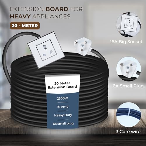 Image of Extension Board Heavy Duty Multi Socket 15A /16A /20A (2500 Watts 6A Small Plug, 20 Meter)
