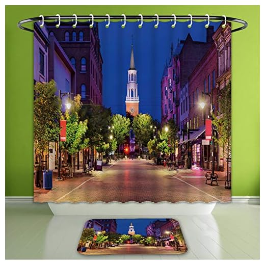 Waterproof Shower Curtain and Bath Rug Set Burlington Vermont USA Cityscape at Church Street Marketplace Bath Curtain and Doormat Suit for Bathroom 72"x72" & 32"x20"
