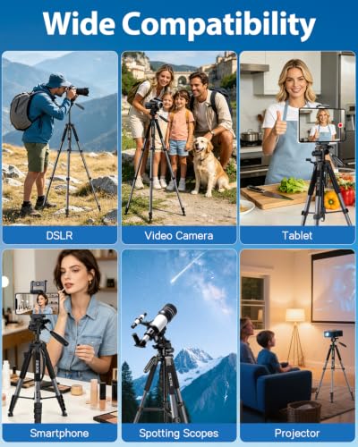 Image of 75 inch Camera Tripod, Heavy Duty Aluminum Camera Stand for ipad Phone, Travel Tripod with Remote /Carry Bag /Phone Tablet Holder, Compatible with DSLR, Spotting Scopes, Max Load 15 Lb(Grey)