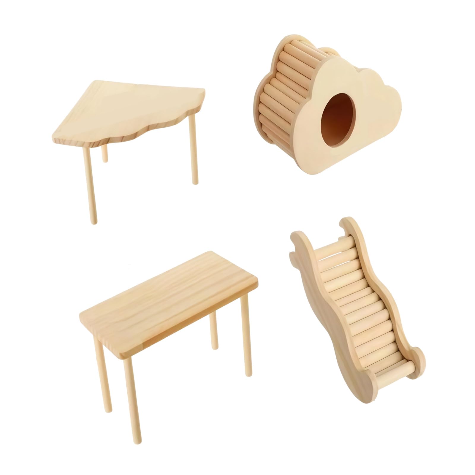 Piattaforma per criceti in legno naturale e gioco con nascondigli a tunnel per piccoli animali domestici, criceti, gabbia accessorio per piccoli animali domestici, scala in legno