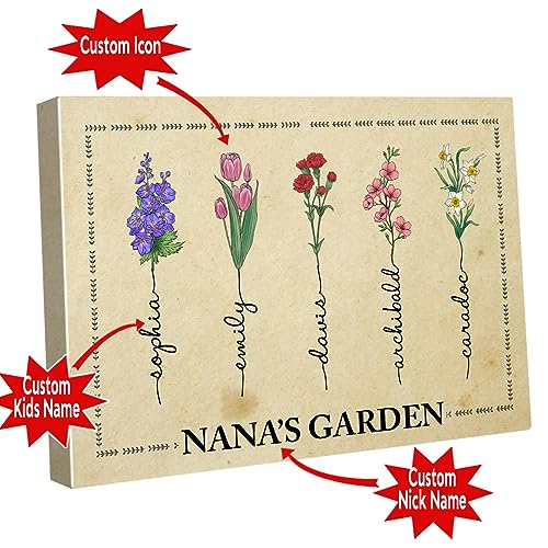 A71414 Personalized Landscape Canvas Gifts for Nana Birth Month Flower with Name, Custom Nana's Grandma Garden Wall Art Print On Wood Mothers Day Birthday Christmas from Kids Daughter Son