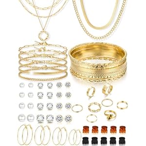 YEEZII 56 Pcs Gold Jewelry Set for Women with 5Pcs Layered Necklace, 5Pcs Layered Necklace, 12 Bracelets, 4 Hoop Earrings, 8 Stackable Rings, 10 hairpins, 12 Studs Earrings Jewerly set for Women