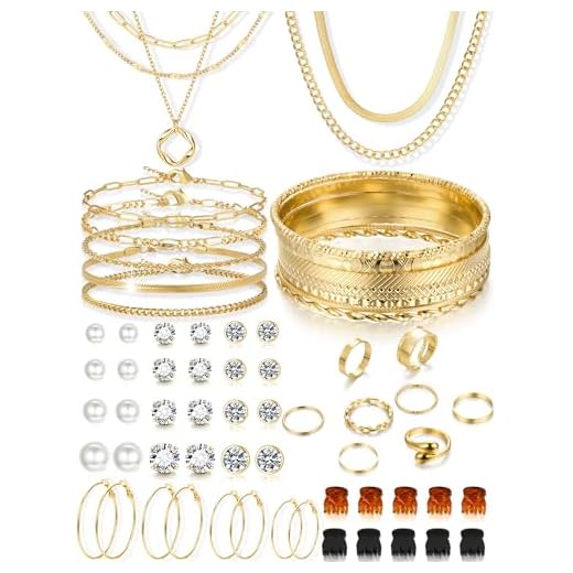 YEEZII 56 Pcs Gold Jewelry Sets for Women with 5Pcs Layered Necklace, 5Pcs Layered Necklace, 12 Bracelets, 4 Hoop Earrings, 8 Stackable Rings, 10 hairpins, 12 Studs Earrings Jewerly set for Women