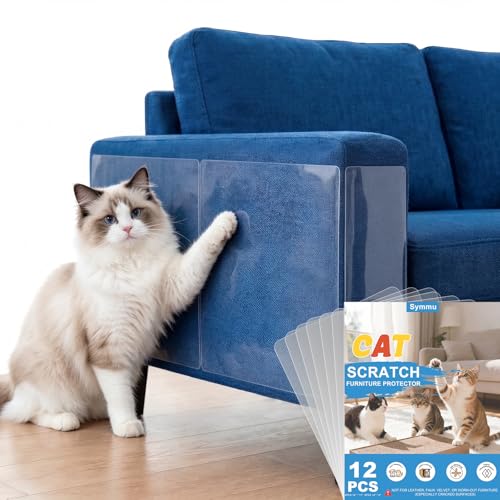12PCS Symmu Anti Cat Scratch Furniture Protector Heavy-Duty No-Residue Couch Protector from Cat Claws Easy-to-Apply Clear Cat Couch Protector Single-Sided Cuttable Sticky Sheets for Fabric Sofa