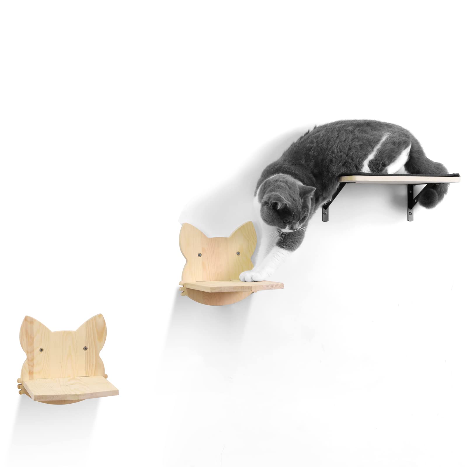Floating Wall Shelf with Cat Scratching Mat, Solid Rubber Wood Hanging Shelves, Cat Hammock Wall Mounted Cat Shelf with Two Steps for Sleeping, Playing, Climbing, and Lounging 2