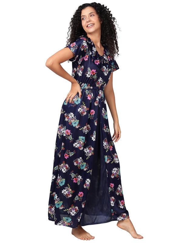 Image of Clovia Women's Satin Printed Long Nighty in Navy Blue
