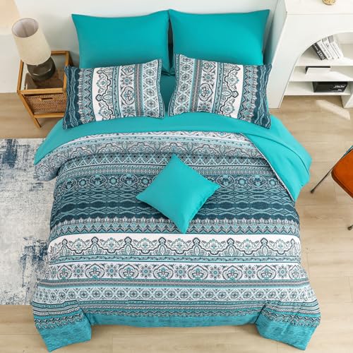 Image of Cottolester Boho King Size Comforter Set 8 Pieces, Teal Comforter Bohemian Striped Bed in A Bag, Soft Microfiber Bedding Set for All Seasons