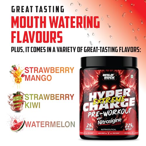 Image of Wild Buck Hyper Charge Extreme Pre-Workout with Nitrosigine - High Stim Energy, Pump, Strength & Focus | Energy Drink with- Beta-Alanine, L-Citrulline, Creatine, Caffeine, L-Theanine - Nitric Oxide Booster | Physical Performance for Gym or Sports [225g - 25 Servings, Strawberry Kiwi]