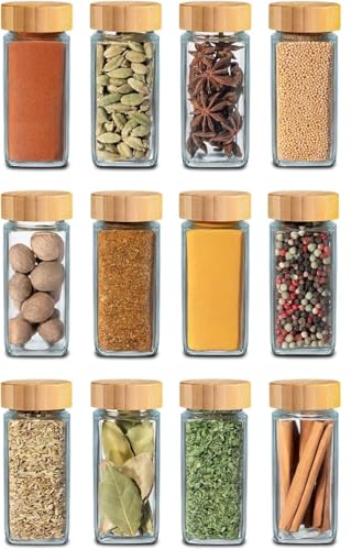 Image of VILON 120ml Glass Spice Jars with Airtight Bamboo Lids - Set of 12 Square Seasoning Containers - Premium Spice Organizer with Shaker Lids - Clear Glass Kitchen Storage Jars
