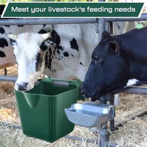 Image of Marsui 4 Pcs 15 Quart Horse Feeders for Stall Hook Over Hanging Fence Hay Feeder Mountable Livestock Plastic Feed Bucket for Farm Stalls Pasture, Stable to Feed Horses Sheep Cattle Cows Etc (Green)