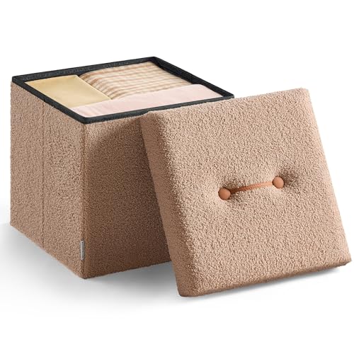 SONGMICS Cassapanca, Pouf Contenitore, Sgabello Poggiapiedi Pieghevole 38 x 38 x 38 cm, Regge fino a 300 kg, per Soggiorno, Camera da Letto, Ingresso, Marrone Cammello LSF095K01V1