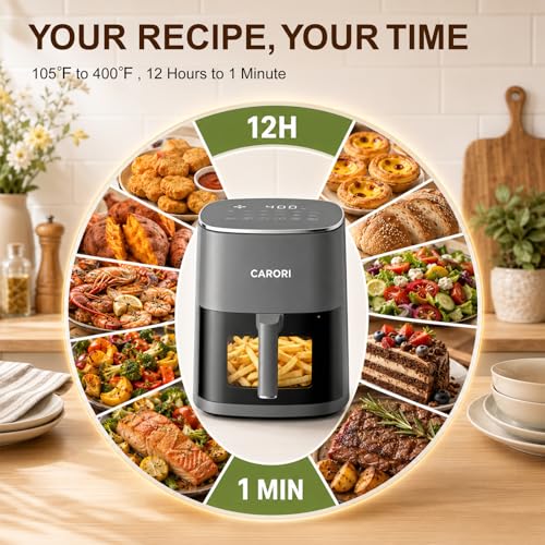 Image of CARORI 6 Qt Air Fryer with Viewing Window, 12 Presets, 1700W, 400F Max, Large Nonstick Dishwasher-Safe Basket, Bake, Roast, Reheat, Dehydrate, Gray
