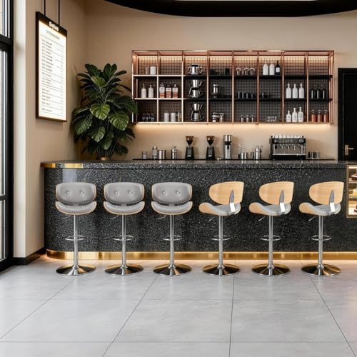 Image of Adjustable Swivel Bar Stools Chair,Counter Height Bar Stools with Back,350 LBS PU Leather Bar Stool for Kitchen Island,Upholstered Pub Stools with Footrest (Grey, Set of 6)