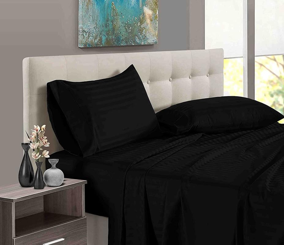 Sateen Bedding- 600 Thread Count Breathable Flat Bedsheet with 2 Pillow Cover- Soft Sateen 100% Cotton Bedsheet- Wrinkle Resistant & Hotel Luxury-Black Stripe, King Size.