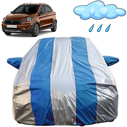 Image of Autofact Waterproof Car Body Cover Compatible with Ford Freestyle (2015 to 2022) with Mirror Pockets (Blue Stripes with Shinning Silver Fabric /Waterproof Cover)