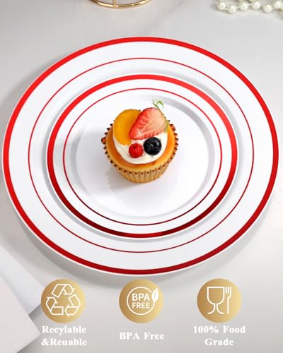 Image of Goodluck 120 Pack Red Rim Plastic Plates - 60 Dinner Plates (10.25 inch) & 60 Dessert Plates (7.5 inch) - Heavy Duty Disposable White Plates with Elegant Red Trim - Premium Dinnerware Set for Wedding