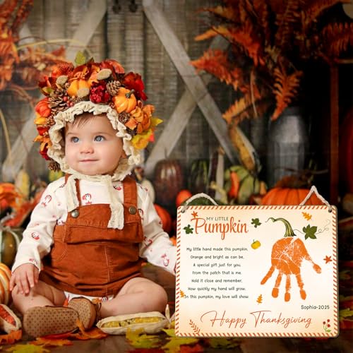 Image of DIY Personalized My Little Pumpkin Poem Handprint Art Sign Crafts, Pumpkin Kids Craft, Happy Thanksgiving Fall Autumn Art Project Memory Keepsake Infant Babies Toddler Preschool PreK Handprints Plaque
