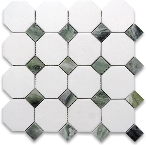 Thassos - Mosaico octágono de mármol blanco de 3 pulgadas con puntos verdes Sagano pulido para cocina, baño, pared o pared (1 hoja)