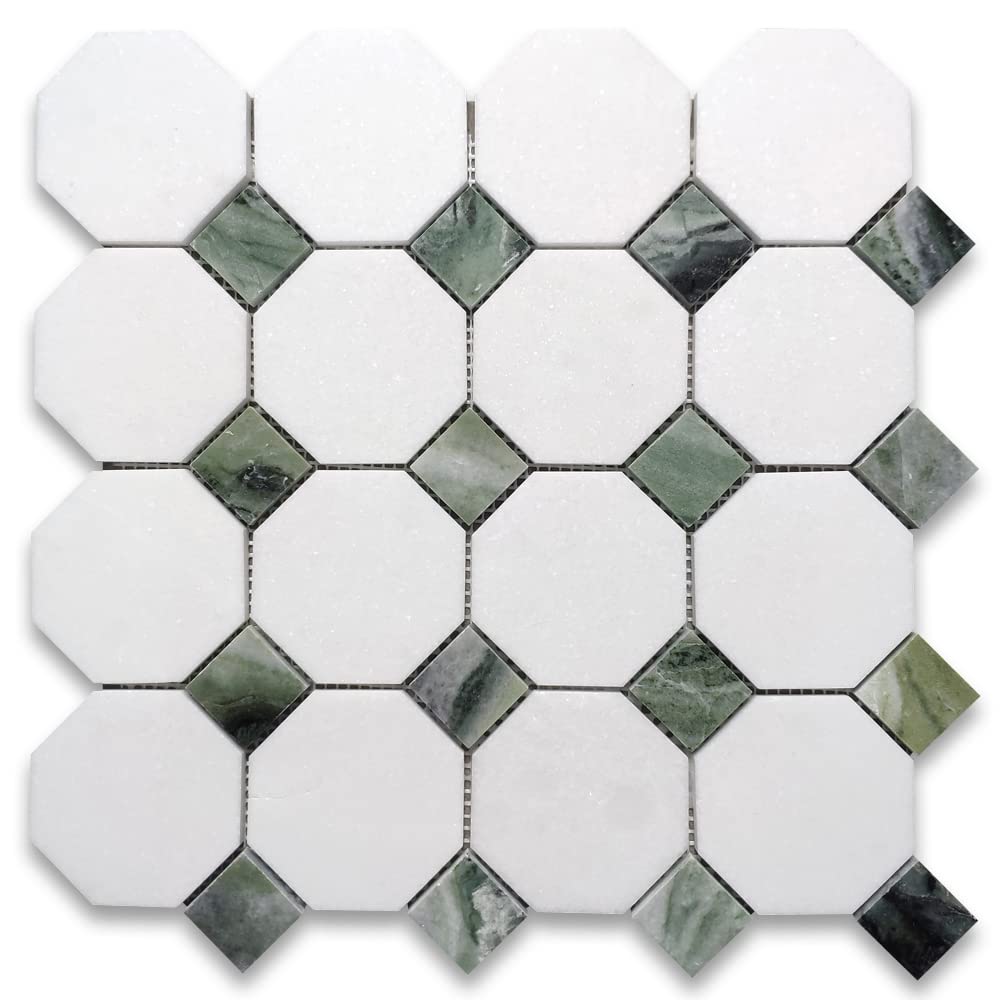 Stone Center Online Thassos White Marble 3 inch Octagon Mosaic Tile w/Sagano Green Dots Polished Kitchen Bath Wall Floor Backsplash Shower (1 Sheet)