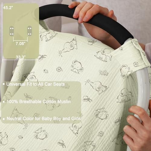 Image of 100% Muslin Cotton Car Seat Cover Baby, Carseat Canopy Cover, Universal Fit Stroller Covers for Boys and Girls (Cute Elephant)
