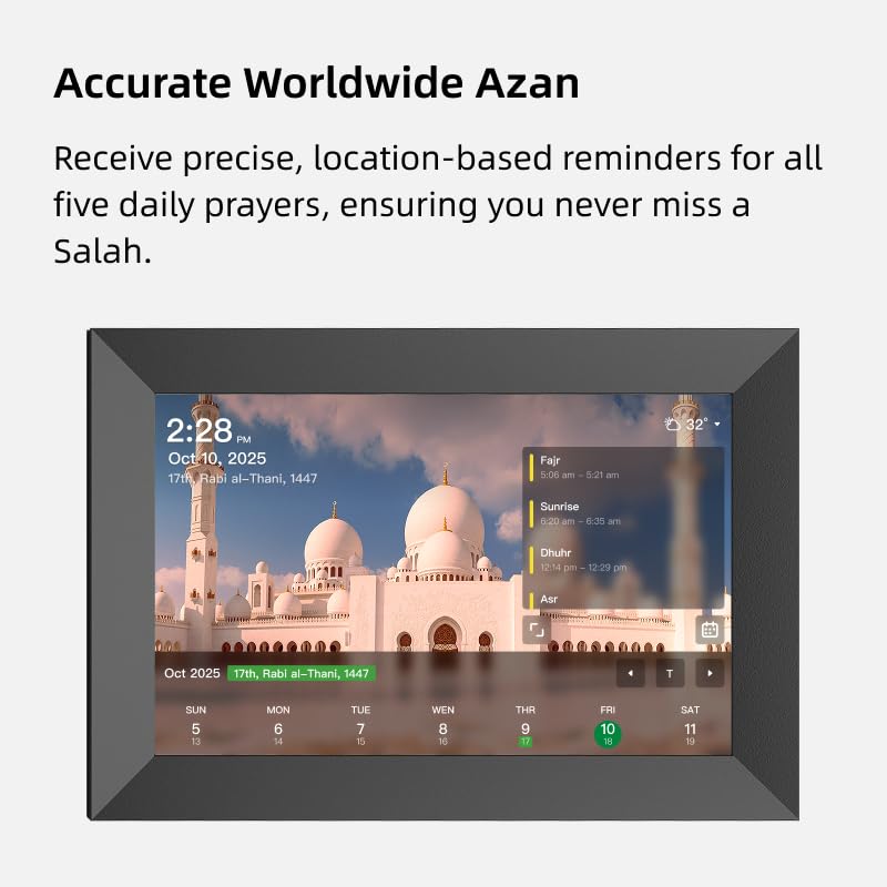 Calendario digitale islamico Hijri, orologio da preghiera, timer intelligente Azan con doppio calendario, pianificazione audio Qur'an, orari di preghiera basati sulla posizione