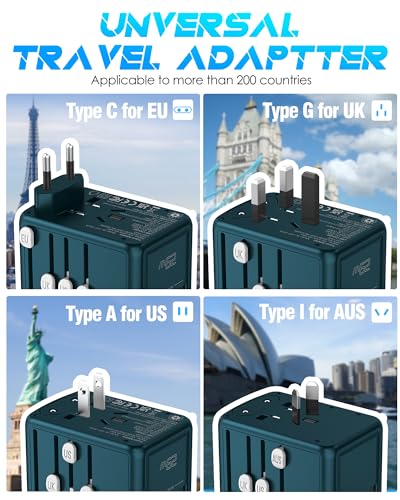 Image of Universal Travel Adapter with 5 USB C /A Ports 30W Fast Charging, 2500W AC Outlet, International Power Adapter for Europe UK Japan, Travel Charger for Phone Laptop, 200+ Countries 10A Safety Fuse