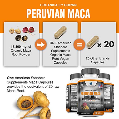 Maca Organic Peruvian Powder Capsules - 17,600 mg Per Capsules - Black, Red, Yellow Root with Black Pepper Extract, Increase Energy, Stamina, Libido Mood, Hormone for Men & Women, 60 Vegan Capsule