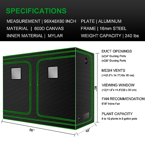Melonfarm 4X8 Grow Tent 96"X48"X80''Reflective 600D Mylar Hydroponic With Observation Window, Floor Tray And Tool Bag For Indoor Plant Growing #TOP6