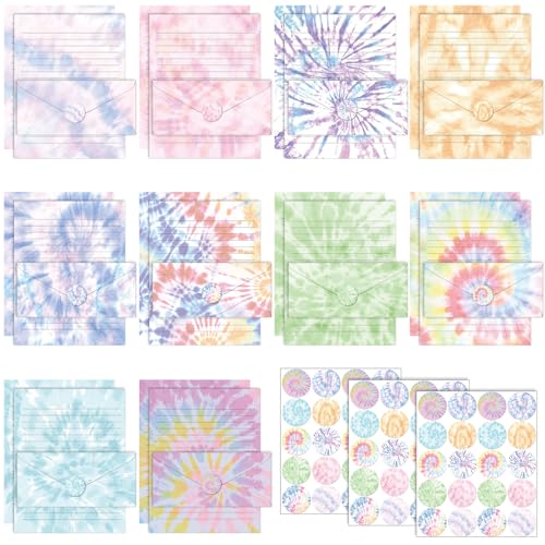 Image of TaoBary 160 Pcs Stationery Paper Set 50 Double Sided Stationery Papers with 50 Matching Envelopes and 60 Round Dot Sticker, 10 Design(Tie Dye,8.5 x 11 Inch)