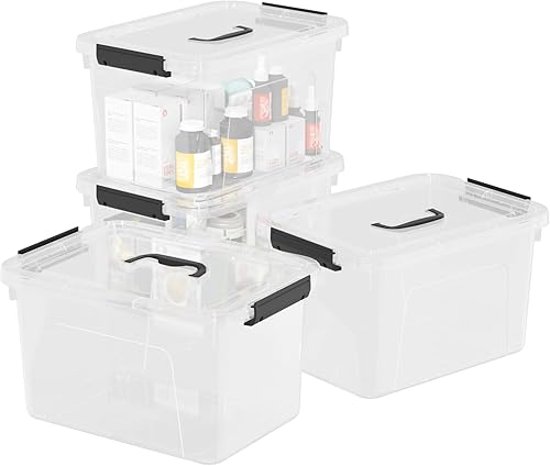 Miniatura 7 de Paquete de 4 cubos de almacenamiento de plástico de 10.5 cuartos de galón, caja con tapa con mango negro, transparente